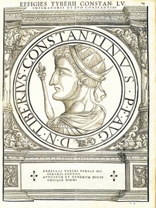 Tyberius Constantinus, illustration from Imperatorum Romanorum Omnium Orientalium et Occidentalium Verissimae Imagines ex Antiquis Numismatis by Hans Rudolf Manuel Deutsch